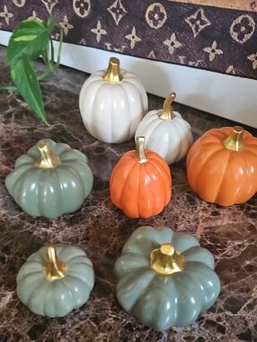 Autumn Ceramic Pumpkin Set in Green, Orange & Cream with Gold Stems 7pc Set